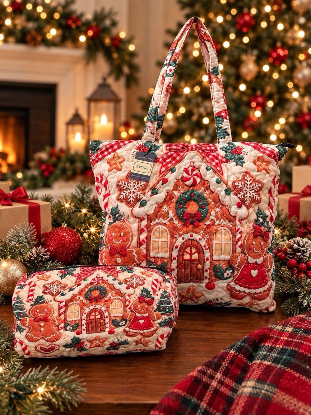 NWT Zyqol Gingerbread House Themed Quilted Tote Bag And Matching Pouch Set